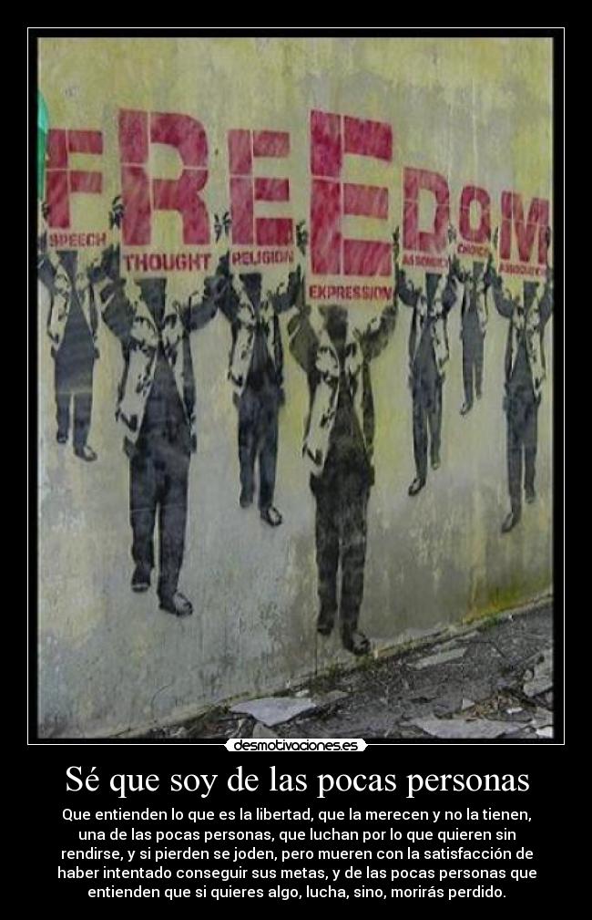 Sé que soy de las pocas personas - Que entienden lo que es la libertad, que la merecen y no la tienen,
una de las pocas personas, que luchan por lo que quieren sin
rendirse, y si pierden se joden, pero mueren con la satisfacción de
haber intentado conseguir sus metas, y de las pocas personas que
entienden que si quieres algo, lucha, sino, morirás perdido.