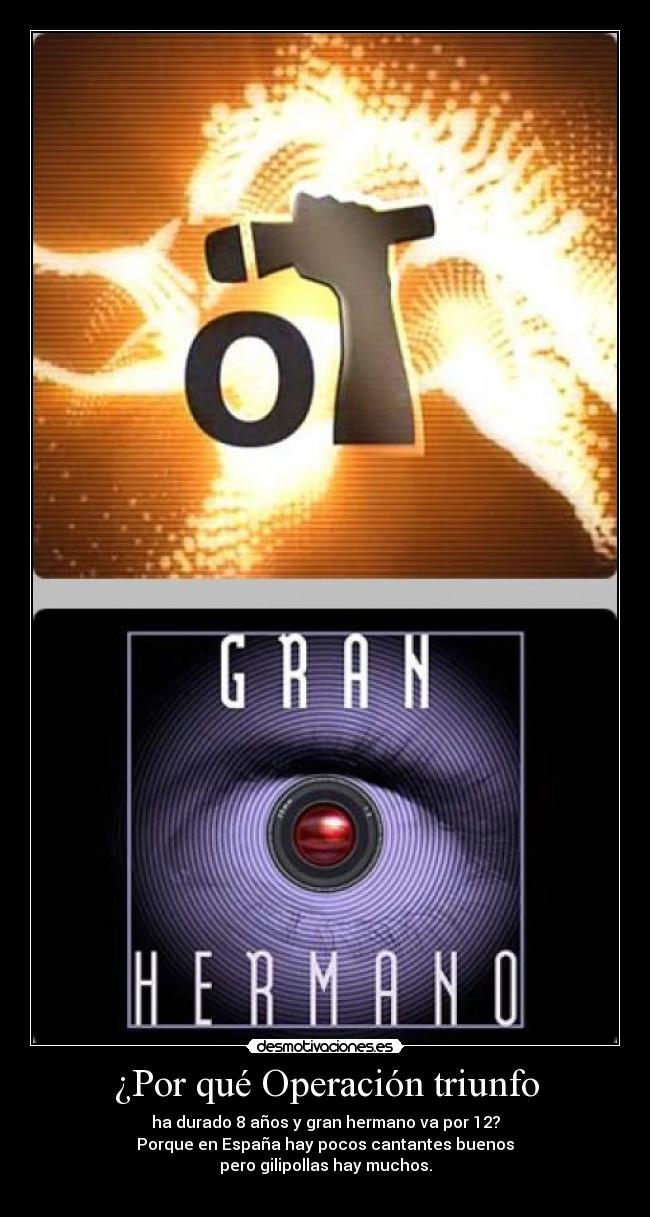 ¿Por qué Operación triunfo - ha durado 8 años y gran hermano va por 12?
Porque en España hay pocos cantantes buenos
pero gilipollas hay muchos.
