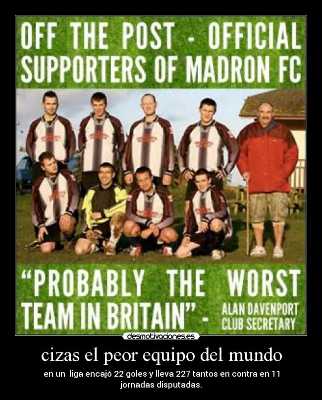 cizas el peor equipo del mundo - en un  liga encajó 22 goles y lleva 227 tantos en contra en 11 jornadas disputadas.