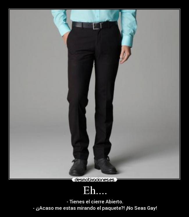 Eh.... - - Tienes el cierre Abierto.
- ¿¡Acaso me estas mirando el paquete?! ¡No Seas Gay!
