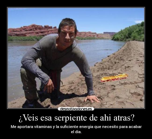 ¿Veis esa serpiente de ahi atras? - Me aportara vitaminas y la suficiente energia que necesito para acabar el dia.