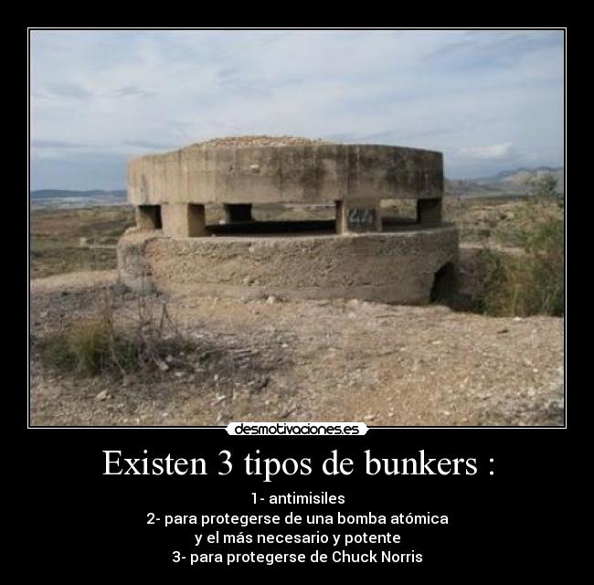 Existen 3 tipos de bunkers : - 1- antimisiles
2- para protegerse de una bomba atómica
y el más necesario y potente
3- para protegerse de Chuck Norris