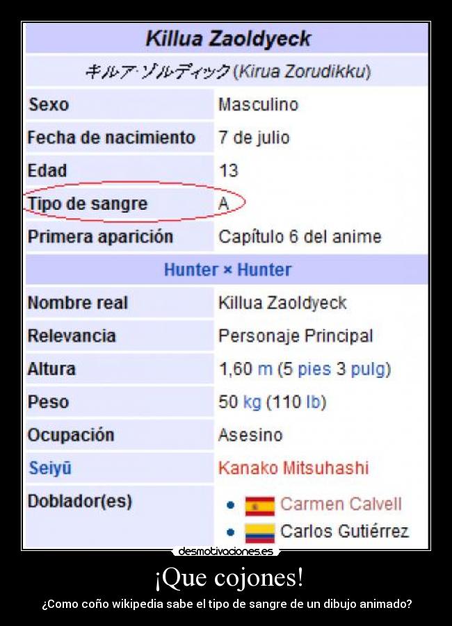 ¡Que cojones! - ¿Como coño wikipedia sabe el tipo de sangre de un dibujo animado?