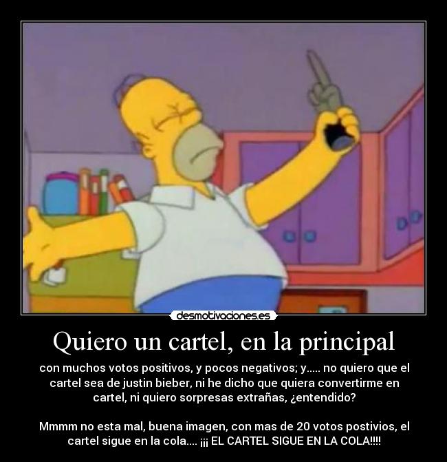 Quiero un cartel, en la principal - con muchos votos positivos, y pocos negativos; y..... no quiero que el
cartel sea de justin bieber, ni he dicho que quiera convertirme en
cartel, ni quiero sorpresas extrañas, ¿entendido?
Mmmm no esta mal, buena imagen, con mas de 20 votos postivios, el
cartel sigue en la cola.... ¡¡¡ EL CARTEL SIGUE EN LA COLA!!!!