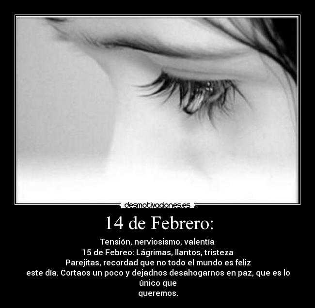 14 de Febrero: - Tensión, nerviosismo, valentía
15 de Febreo: Lágrimas, llantos, tristeza
Parejitas, recordad que no todo el mundo es feliz
este día. Cortaos un poco y dejadnos desahogarnos en paz, que es lo único que
queremos.