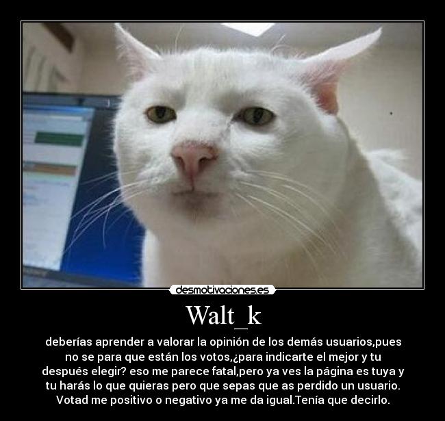 Walt_k - deberías aprender a valorar la opinión de los demás usuarios,pues
no se para que están los votos,¿para indicarte el mejor y tu
después elegir? eso me parece fatal,pero ya ves la página es tuya y
tu harás lo que quieras pero que sepas que as perdido un usuario.
Votad me positivo o negativo ya me da igual.Tenía que decirlo.