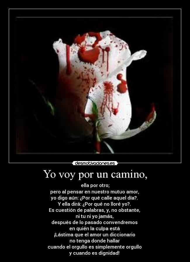 Yo voy por un camino, - ella por otro;
pero al pensar en nuestro mutuo amor,
yo digo aún: ¿Por qué calle aquel día?.
Y ella dirá: ¿Por qué no lloré yo?.
Es cuestión de palabras, y, no obstante,
ni tu ni yo jamás,
después de lo pasado convendremos
en quién la culpa está
¡Lástima que el amor un diccionario
no tenga donde hallar
cuando el orgullo es simplemente orgullo
y cuando es dignidad!
