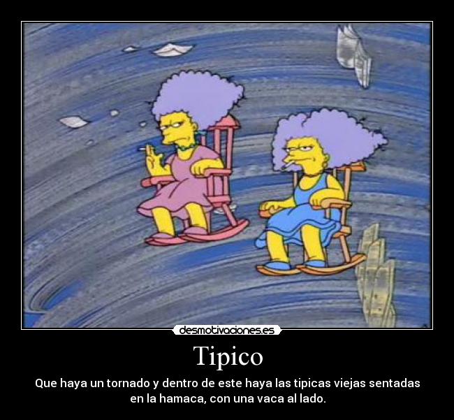 Tipico - Que haya un tornado y dentro de este haya las tipicas viejas sentadas
en la hamaca, con una vaca al lado.