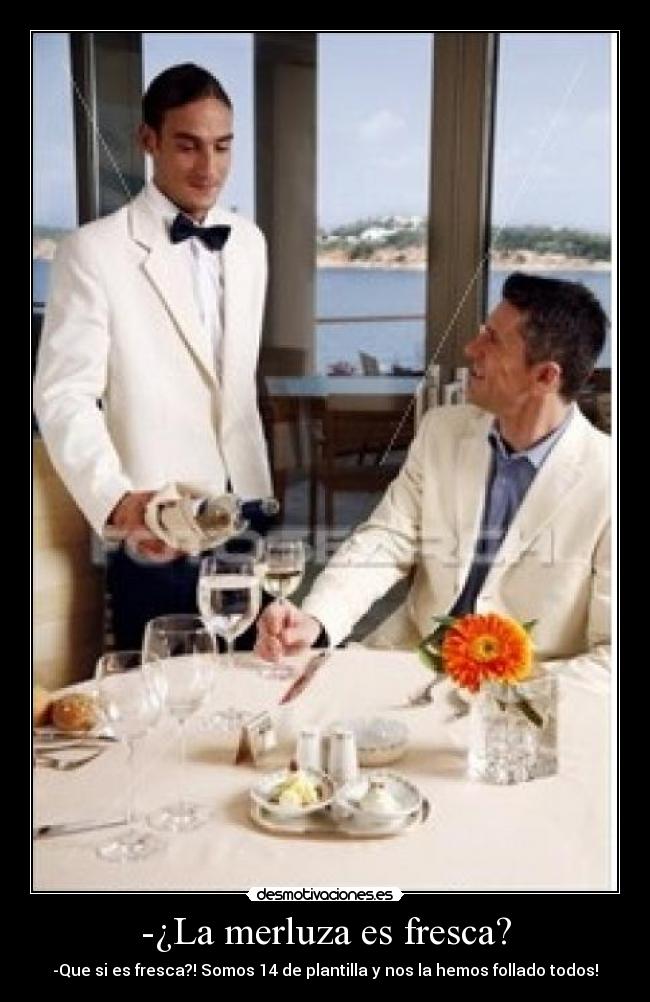 -¿La merluza es fresca? - -Que si es fresca?! Somos 14 de plantilla y nos la hemos follado todos!