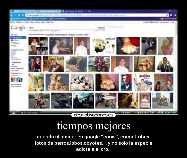 tiempos mejores - cuando al buscar en google canis, encontrabas 
fotos de perros,lobos,coyotes.... y no solo la especie
adicta a el oro...