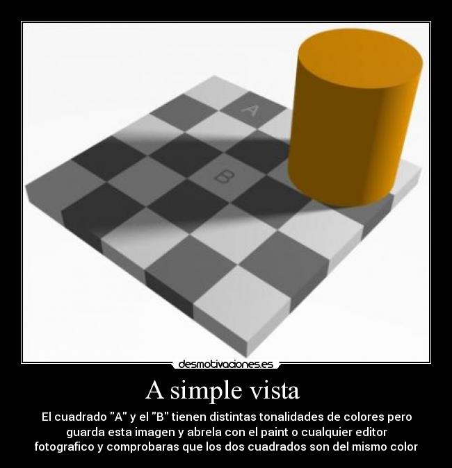 A simple vista  - El cuadrado A y el B tienen distintas tonalidades de colores pero
guarda esta imagen y abrela con el paint o cualquier editor
fotografico y comprobaras que los dos cuadrados son del mismo color