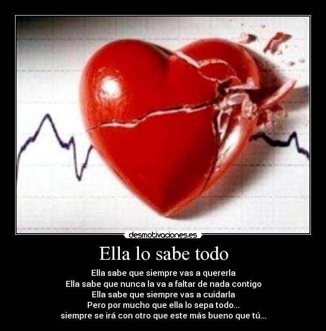 Ella lo sabe todo - Ella sabe que siempre vas a quererla
Ella sabe que nunca la va a faltar de nada contigo
Ella sabe que siempre vas a cuidarla
Pero por mucho que ella lo sepa todo...
siempre se irá con otro que este más bueno que tú...