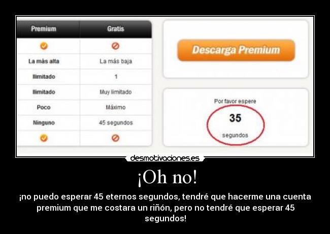 ¡Oh no! - ¡no puedo esperar 45 eternos segundos, tendré que hacerme una cuenta
premium que me costara un riñón, pero no tendré que esperar 45
segundos!
