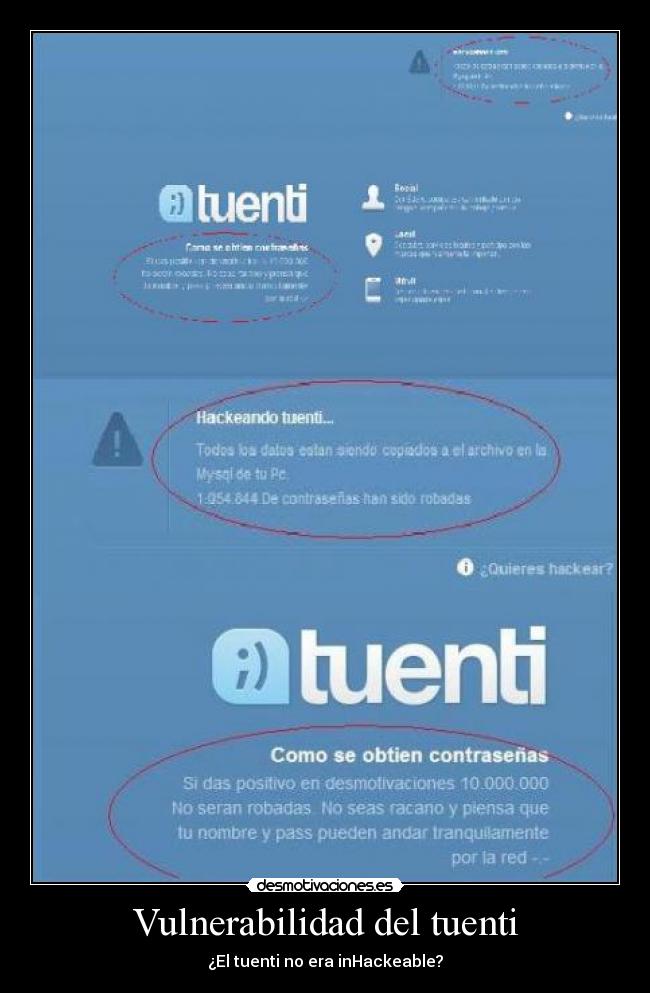 carteles tuenti tuenti hack hackear vulnerabilidad desmotivaciones