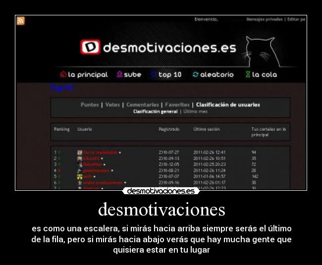 desmotivaciones - es como una escalera, si mirás hacia arriba siempre serás el último
de la fila, pero si mirás hacia abajo verás que hay mucha gente que
quisiera estar en tu lugar