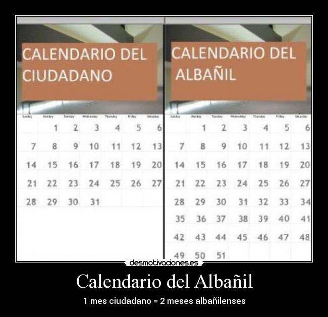 Calendario del Albañil - 1 mes ciudadano = 2 meses albañilenses