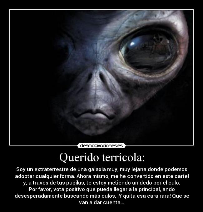 Querido terrícola: - Soy un extraterrestre de una galaxia muy, muy lejana donde podemos
adoptar cualquier forma. Ahora mismo, me he convertido en este cartel
y, a través de tus pupilas, te estoy metiendo un dedo por el culo.
Por favor, vota positivo que pueda llegar a la principal, ando
desesperadamente buscando más culos. ¡Y quita esa cara rara! Que se
van a dar cuenta...