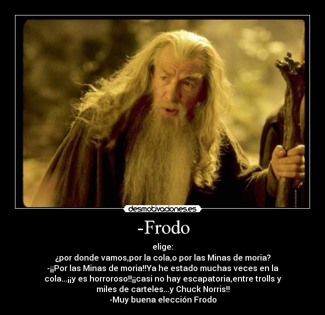 -Frodo - elige:
¿por donde vamos,por la cola,o por las Minas de moria?
-¡¡Por las Minas de moria!!Ya he estado muchas veces en la
cola...¡¡y es horroroso!!¡¡casi no hay escapatoria,entre trolls y
miles de carteles...y Chuck Norris!!
-Muy buena elección Frodo