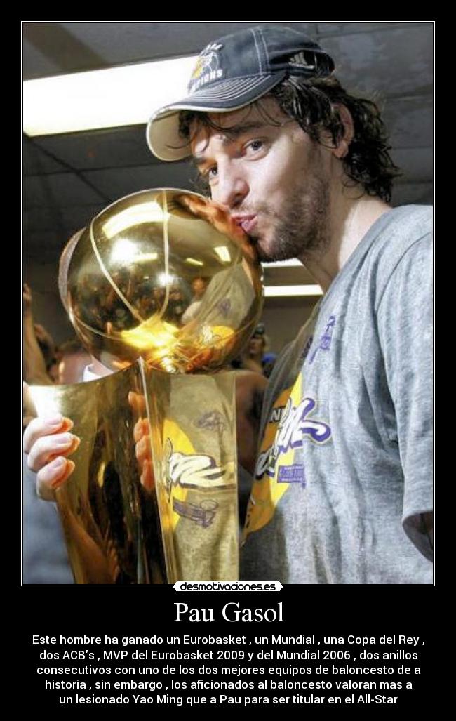 Pau Gasol - Este hombre ha ganado un Eurobasket , un Mundial , una Copa del Rey ,
dos ACBs , MVP del Eurobasket 2009 y del Mundial 2006 , dos anillos
consecutivos con uno de los dos mejores equipos de baloncesto de a
historia , sin embargo , los aficionados al baloncesto valoran mas a
un lesionado Yao Ming que a Pau para ser titular en el All-Star