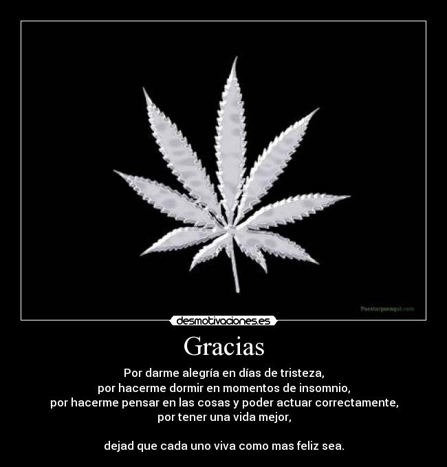 Gracias - Por darme alegría en días de tristeza,
por hacerme dormir en momentos de insomnio,
por hacerme pensar en las cosas y poder actuar correctamente,
por tener una vida mejor,
dejad que cada uno viva como mas feliz sea.