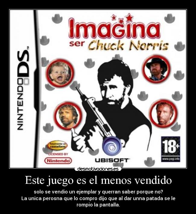 Este juego es el menos vendido - solo se vendio un ejemplar y querran saber porque no?
La unica perosna que lo compro dijo que al dar unna patada se le rompio la pantalla.