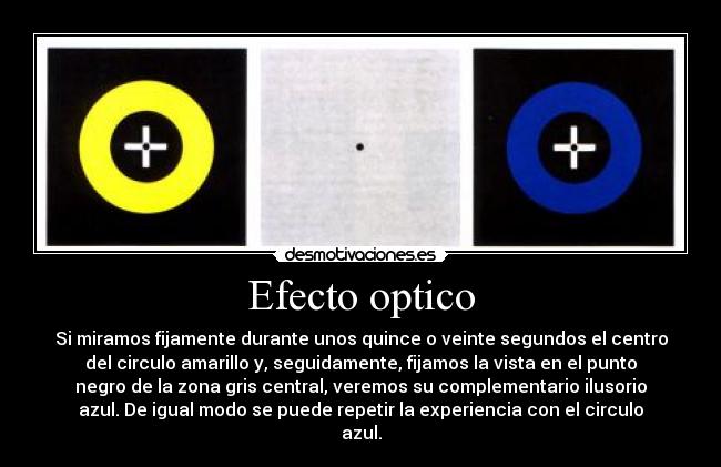 Efecto optico - Si miramos fijamente durante unos quince o veinte segundos el centro
del circulo amarillo y, seguidamente, fijamos la vista en el punto
negro de la zona gris central, veremos su complementario ilusorio
azul. De igual modo se puede repetir la experiencia con el circulo
azul.