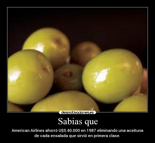Sabias que - American Airlines ahorró U$S 40.000 en 1987 eliminando una aceituna
de cada ensalada que sirvió en primera clase. 