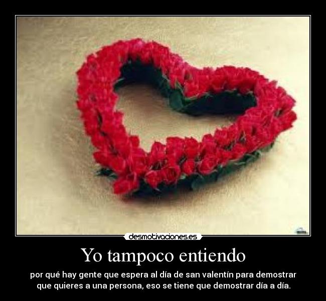 Yo tampoco entiendo - por qué hay gente que espera al día de san valentín para demostrar
que quieres a una persona, eso se tiene que demostrar día a día.