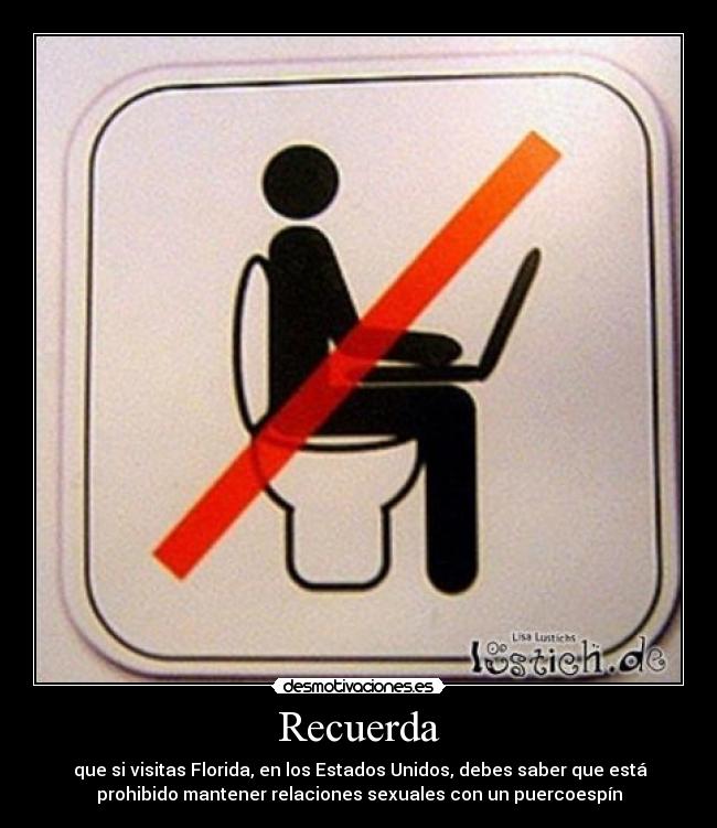 Recuerda -  que si visitas Florida, en los Estados Unidos, debes saber que está
prohibido mantener relaciones sexuales con un puercoespín