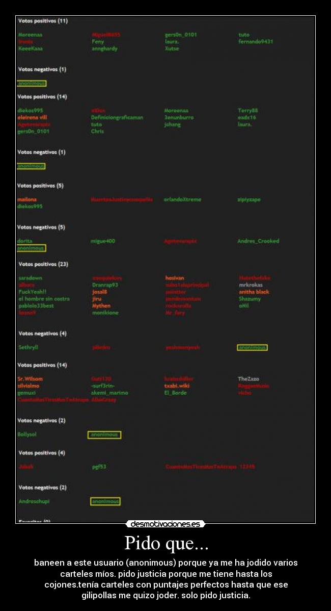 Pido que... - baneen a este usuario (anonimous) porque ya me ha jodido varios
carteles míos. pido justicia porque me tiene hasta los
cojones.tenía carteles con puntajes perfectos hasta que ese
gilipollas me quizo joder. solo pido justicia.