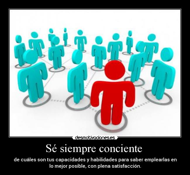 Sé siempre conciente - de cuáles son tus capacidades y habilidades para saber emplearlas en
lo mejor posible, con plena satisfacción.