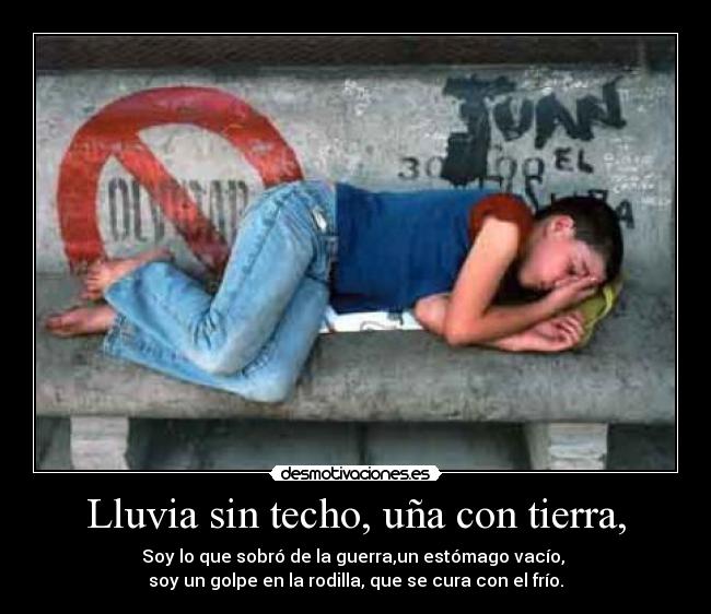 Lluvia sin techo, uña con tierra, - Soy lo que sobró de la guerra,un estómago vacío,
soy un golpe en la rodilla, que se cura con el frío.