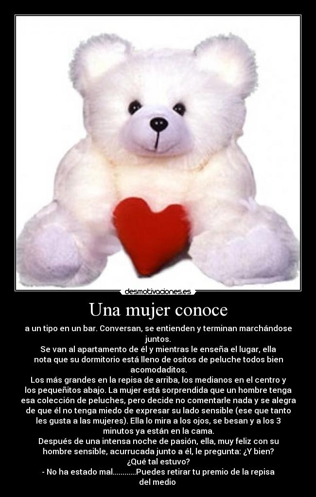 Una mujer conoce - a un tipo en un bar. Conversan, se entienden y terminan marchándose
juntos.
Se van al apartamento de él y mientras le enseña el lugar, ella
nota que su dormitorio está lleno de ositos de peluche todos bien
acomodaditos.
Los más grandes en la repisa de arriba, los medianos en el centro y
los pequeñitos abajo. La mujer está sorprendida que un hombre tenga
esa colección de peluches, pero decide no comentarle nada y se alegra
de que él no tenga miedo de expresar su lado sensible (ese que tanto
les gusta a las mujeres). Ella lo mira a los ojos, se besan y a los 3
minutos ya están en la cama.
Después de una intensa noche de pasión, ella, muy feliz con su
hombre sensible, acurrucada junto a él, le pregunta: ¿Y bien?
¿Qué tal estuvo?
- No ha estado mal............Puedes retirar tu premio de la repisa
del medio