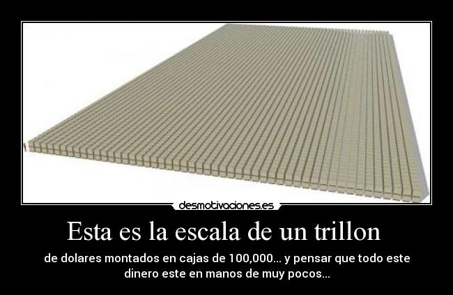 Esta es la escala de un trillon - de dolares montados en cajas de 100,000... y pensar que todo este
dinero este en manos de muy pocos...