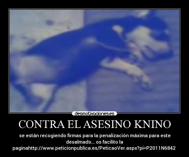 CONTRA EL ASESINO KNINO - se están recogiendo firmas para la penalización máxima para este
desalmado... os facilito la
paginahttp://www.peticionpublica.es/PeticaoVer.aspx?pi=P2011N6842