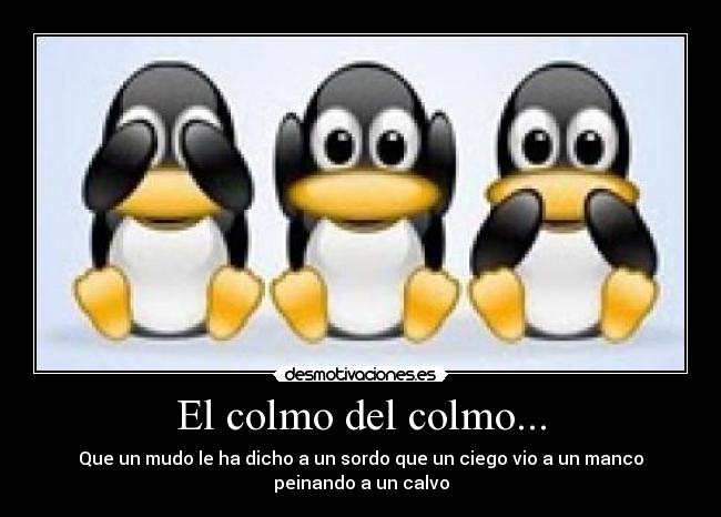 El colmo del colmo... - Que un mudo le ha dicho a un sordo que un ciego vio a un manco
peinando a un calvo