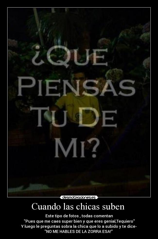 Cuando las chicas suben  - Este tipo de fotos , todas comentan
Pues que me caes super bien y que eres genial,Tequiero
Y luego le preguntas sobra la chica que lo a subido y te dice-
NO ME HABLES DE LA ZORRA ESA! 