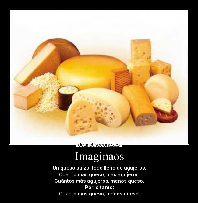 Imaginaos - Un queso suizo, todo lleno de agujeros.
Cuánto más queso, más agujeros.
Cuántos más agujeros, menos queso.
Por lo tanto;
Cuánto más queso, menos queso.