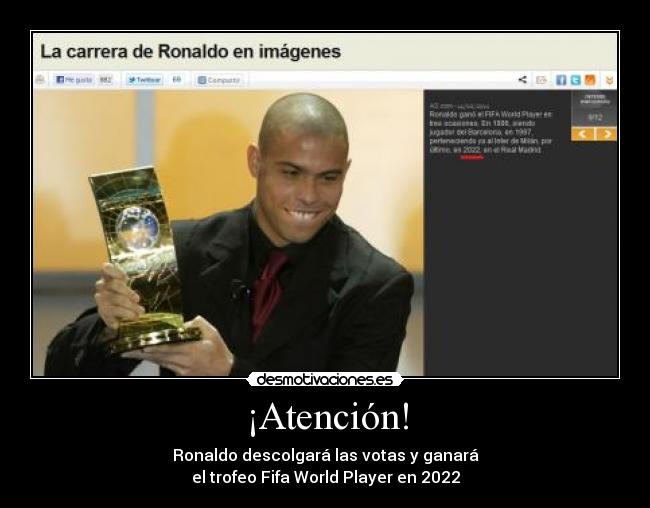 ¡Atención! - Ronaldo descolgará las votas y ganará
el trofeo Fifa World Player en 2022