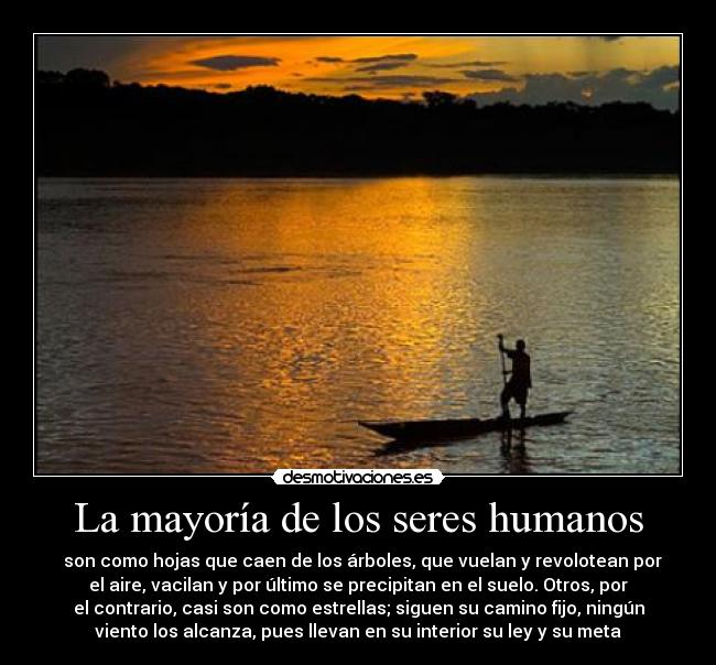 La mayoría de los seres humanos -   son como hojas que caen de los árboles, que vuelan y revolotean por
el aire, vacilan y por último se precipitan en el suelo. Otros, por
el contrario, casi son como estrellas; siguen su camino fijo, ningún
viento los alcanza, pues llevan en su interior su ley y su meta