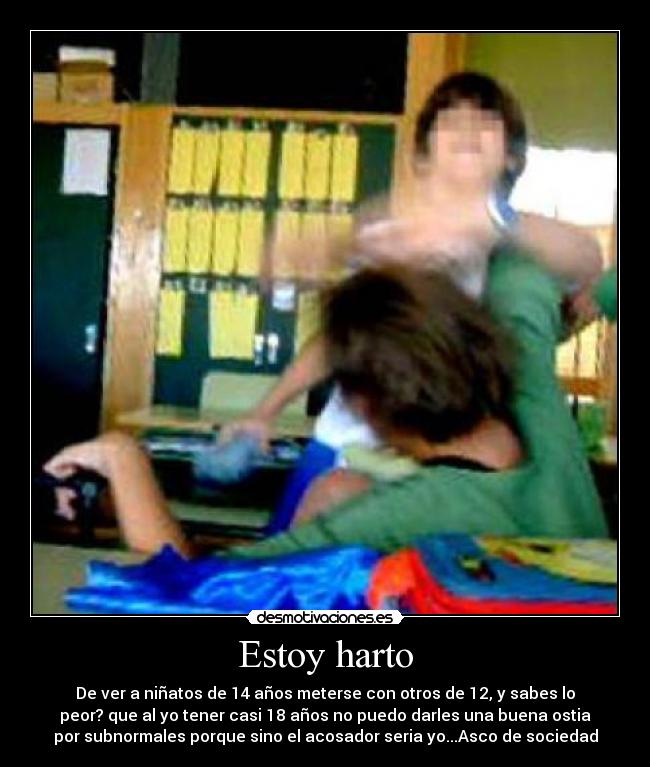 Estoy harto - De ver a niñatos de 14 años meterse con otros de 12, y sabes lo
peor? que al yo tener casi 18 años no puedo darles una buena ostia
por subnormales porque sino el acosador seria yo...Asco de sociedad