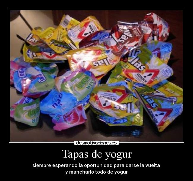 Tapas de yogur - siempre esperando la oportunidad para darse la vuelta 
y mancharlo todo de yogur