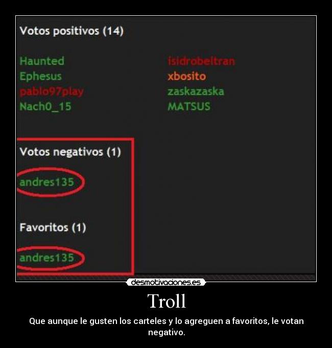 Troll - Que aunque le gusten los carteles y lo agreguen a favoritos, le votan negativo.