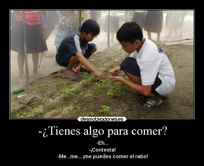 -¿Tienes algo para comer? - -Eh...
-¡Contesta!
-Me...me... ¡me puedes comer el rabo!
