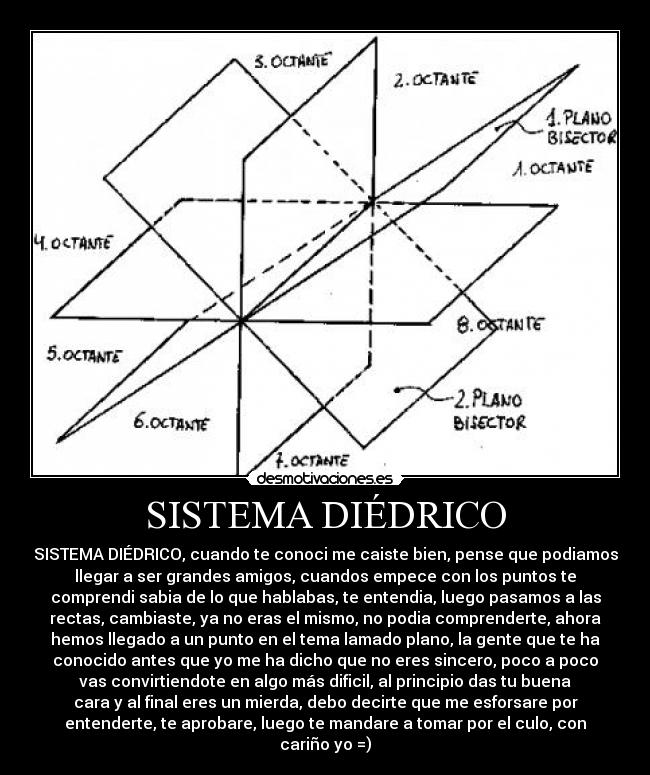 SISTEMA DIÉDRICO - SISTEMA DIÉDRICO, cuando te conoci me caiste bien, pense que podiamos
llegar a ser grandes amigos, cuandos empece con los puntos te
comprendi sabia de lo que hablabas, te entendia, luego pasamos a las
rectas, cambiaste, ya no eras el mismo, no podia comprenderte, ahora
hemos llegado a un punto en el tema lamado plano, la gente que te ha
conocido antes que yo me ha dicho que no eres sincero, poco a poco
vas convirtiendote en algo más dificil, al principio das tu buena
cara y al final eres un mierda, debo decirte que me esforsare por
entenderte, te aprobare, luego te mandare a tomar por el culo, con
cariño yo =)