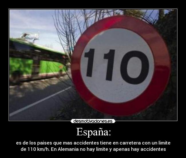 España: - es de los paises que mas accidentes tiene en carretera con un limite
de 110 km/h. En Alemania no hay limite y apenas hay accidentes