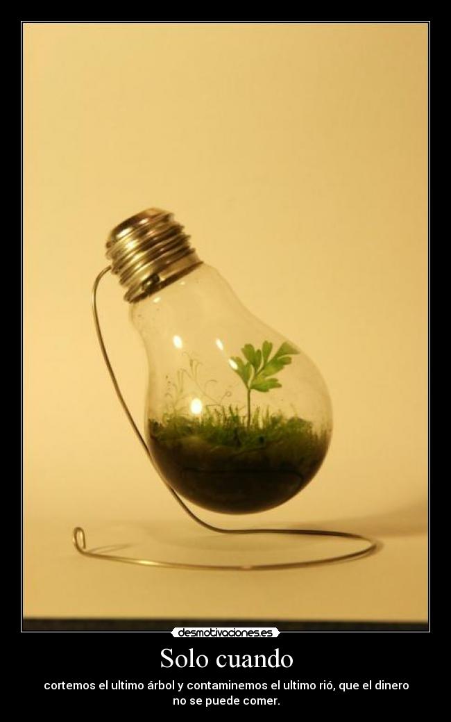 Solo cuando - cortemos el ultimo árbol y contaminemos el ultimo rió, que el dinero
no se puede comer.