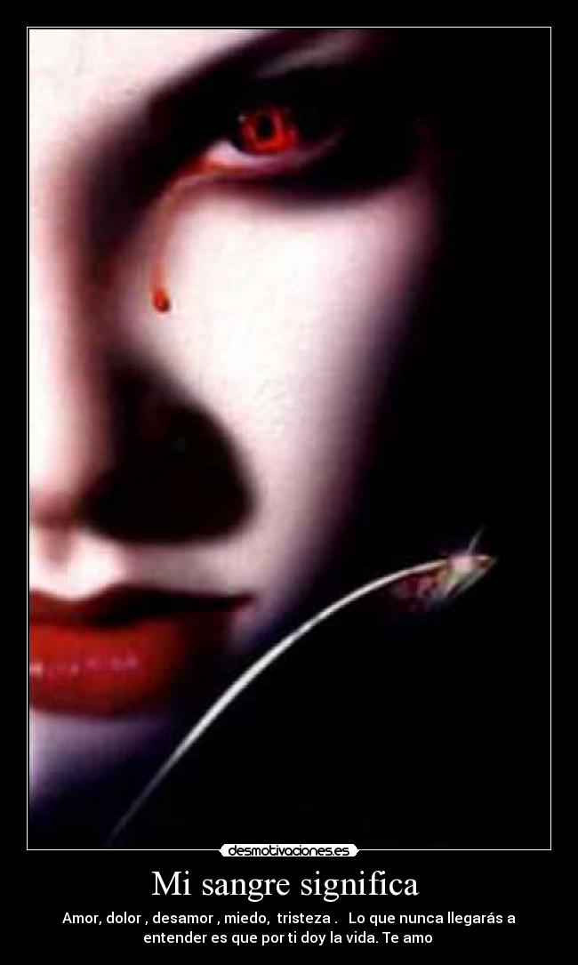 Mi sangre significa  - Amor, dolor , desamor , miedo,  tristeza .   Lo que nunca llegarás a
entender es que por ti doy la vida. Te amo 