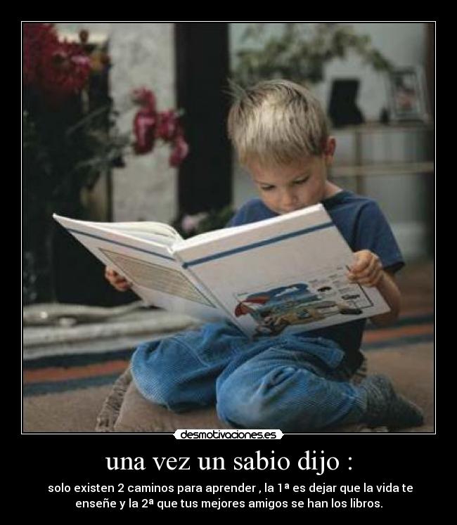 una vez un sabio dijo : - solo existen 2 caminos para aprender , la 1ª es dejar que la vida te
enseñe y la 2ª que tus mejores amigos se han los libros.