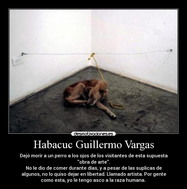 Habacuc Guillermo Vargas - Dejó morir a un perro a los ojos de los visitantes de esta supuesta
obra de arte.
No le dio de comer durante días, y a pesar de las suplicas de
algunos, no lo quiso dejar en libertad. Llamado artista. Por gente
como esta, yo le tengo asco a la raza humana.